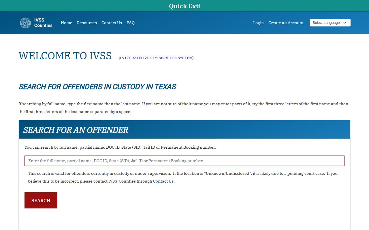 IVSS Counties search screen for a Comanche County inmate check