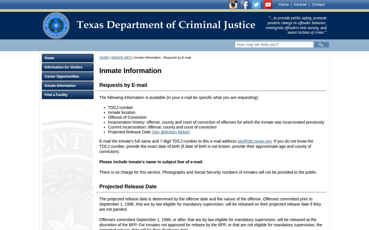 Official TDCJ projected release date definition for Comanche County cases