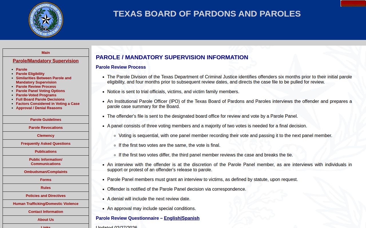 Texas parole review process for Comanche County post-release supervision