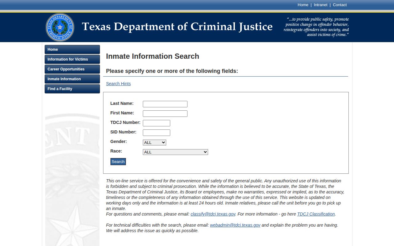 Comanche County release record search fields in the Texas Department of Criminal Justice system